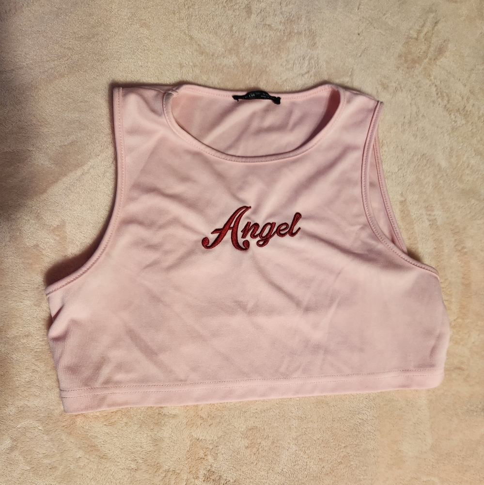 SHEIN Angel Embroidery Baby Pink Super Crop Top